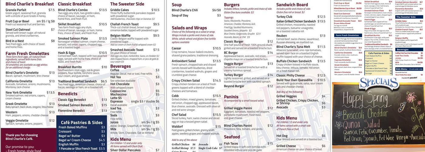 Blind Charlie's Cafe Menu