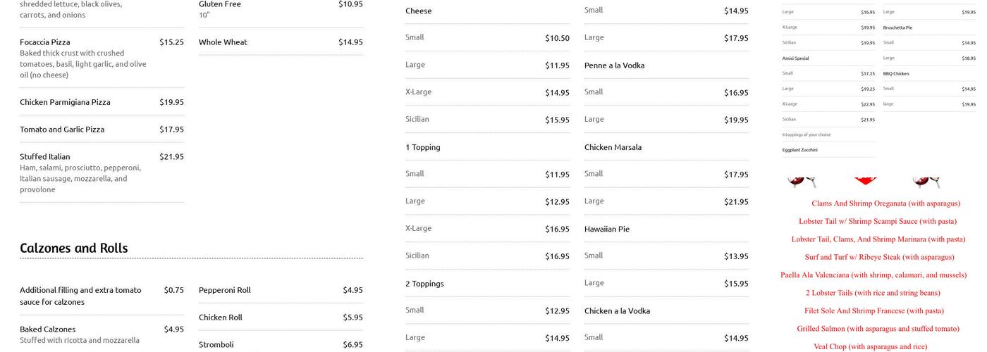 Amici Italian Restaurant & Pizzeria Menu