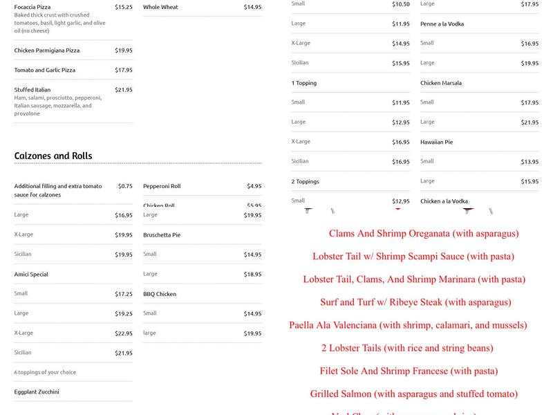 Amici Italian Restaurant & Pizzeria Menu