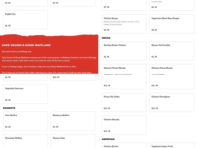 Cafe Vecino and Kiosk Maitland Menu
