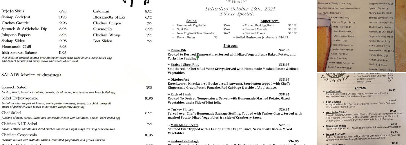 Brady's Fox Hunt Inn Menu