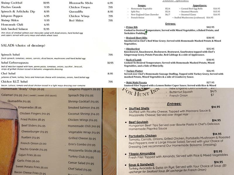 Brady's Fox Hunt Inn Menu