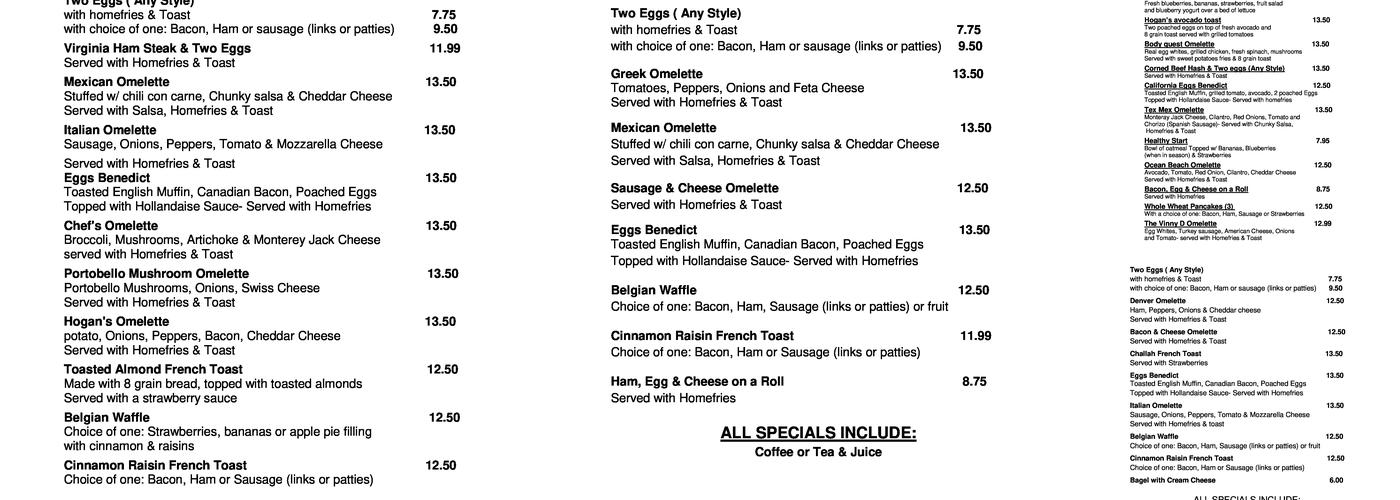 Hogan's Diner Menu