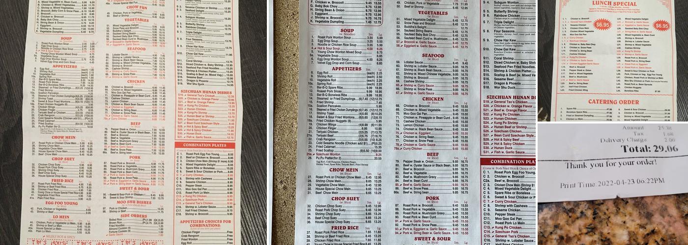 Tin's House of Paramus Menu