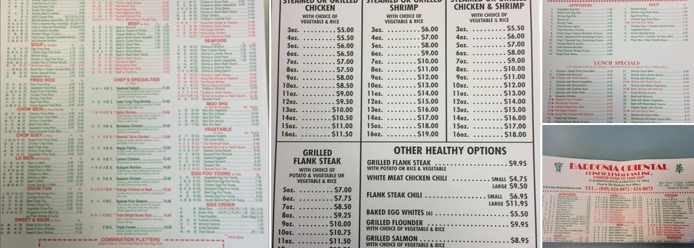 Bardonia Oriental Menu
