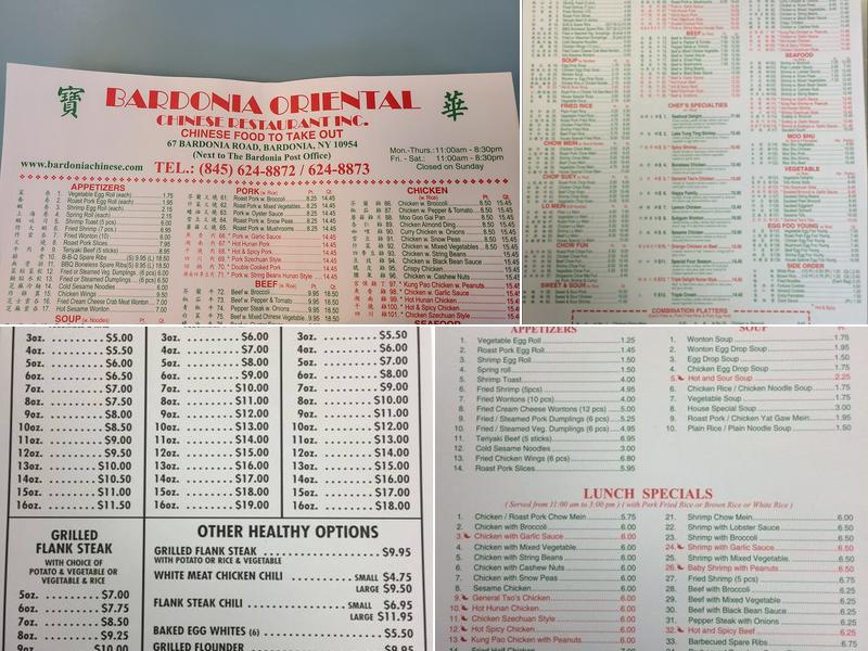 Bardonia Oriental Menu