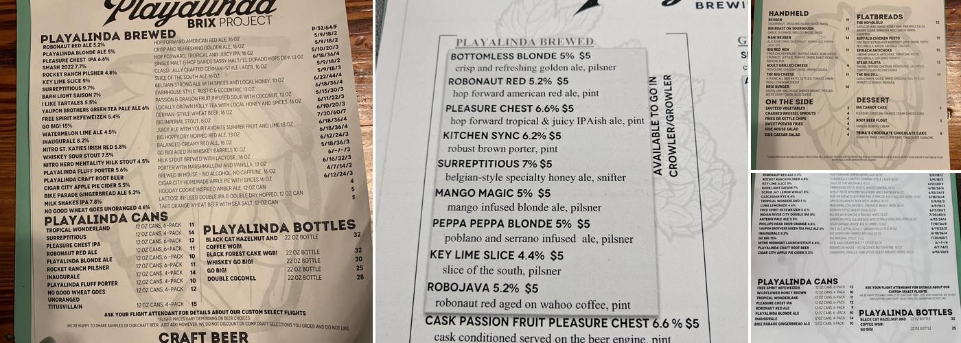 Playalinda Brewing Company - Brix Project Menu