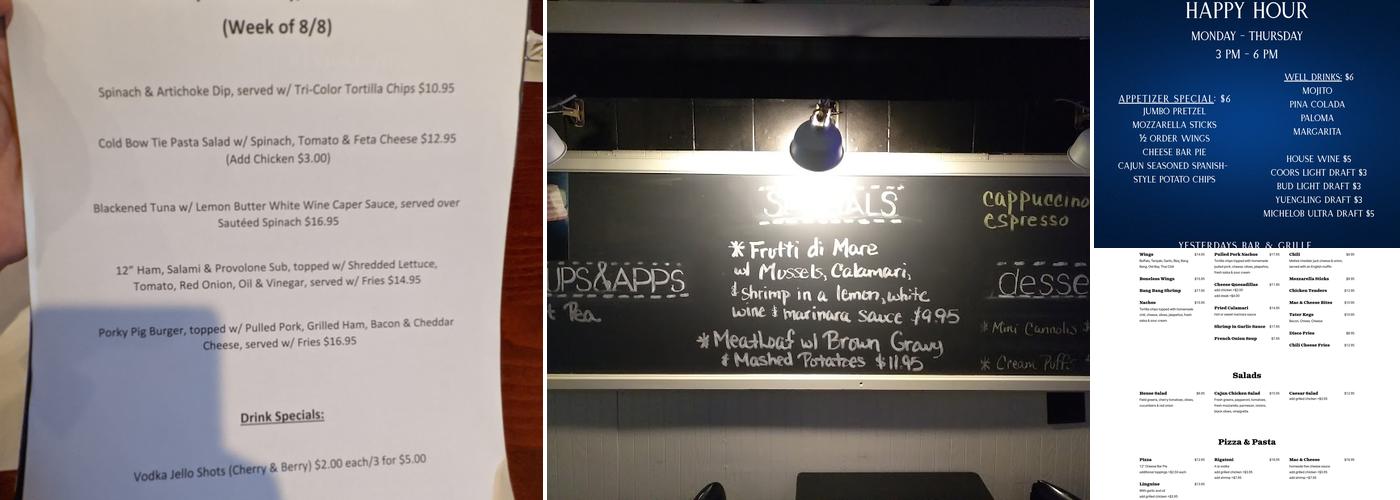 Yesterday's Bar and Grille Menu