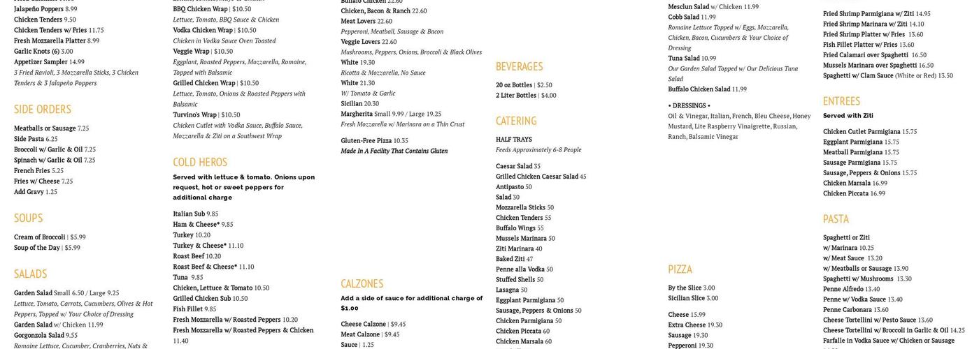 Turvino's Pizzeria & Restaurant Menu
