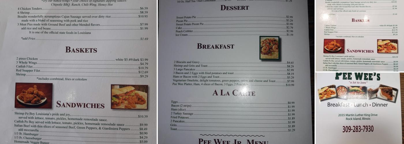 Pee Wees restaurant. Menu