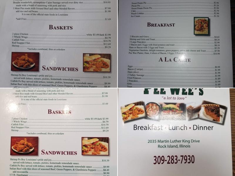 Pee Wees restaurant. Menu