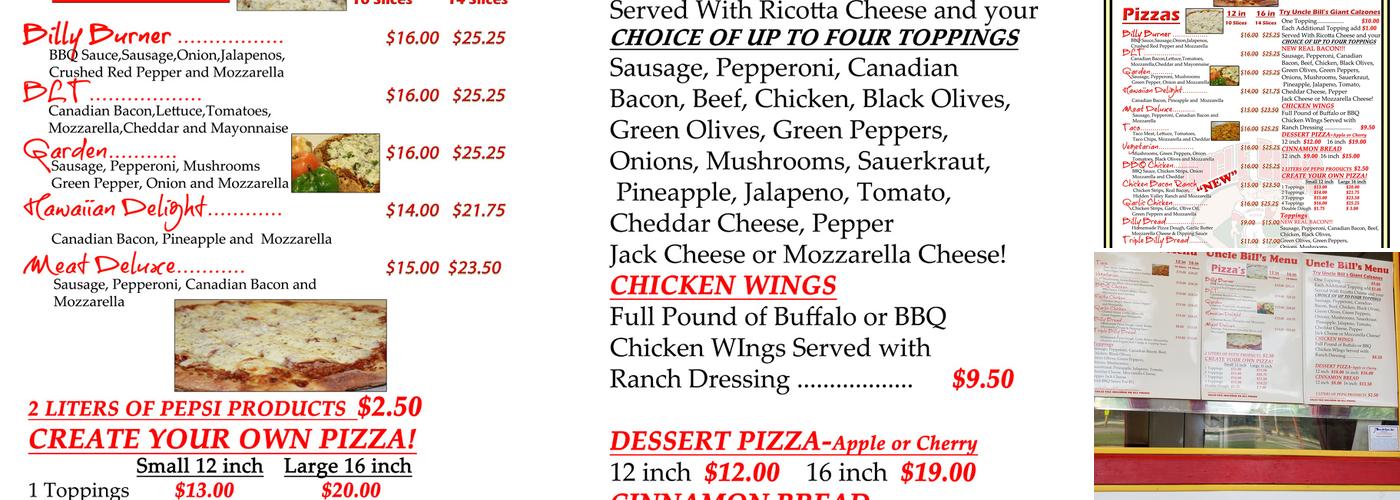 Uncle Bill's Pizza Menu
