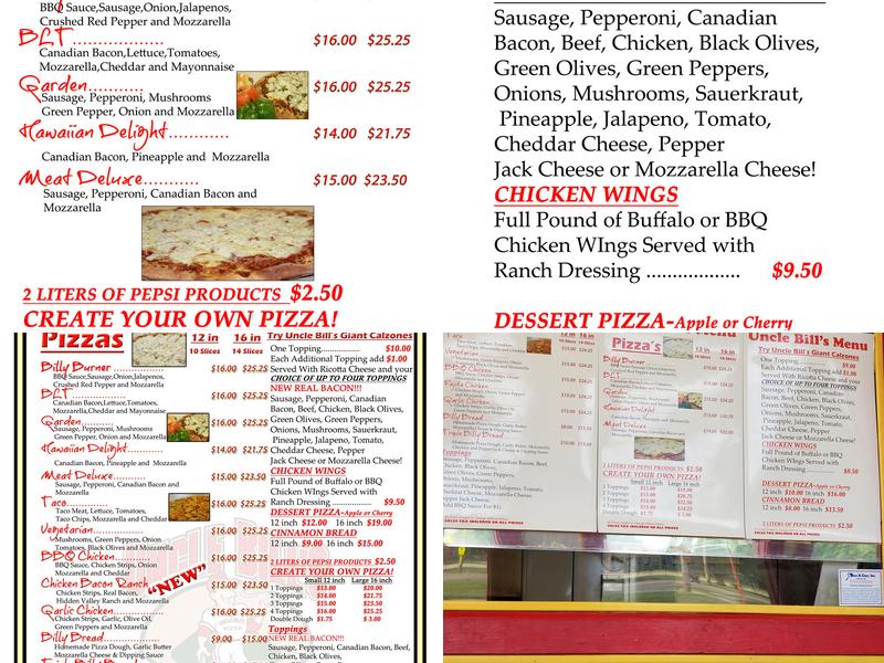 Uncle Bill's Pizza Menu