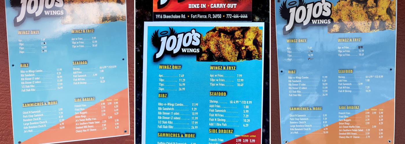 JoJo's Wings Menu
