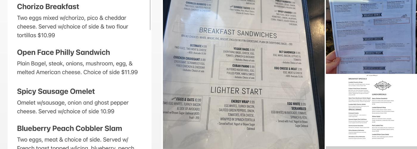 Sunrise City Cafe Menu