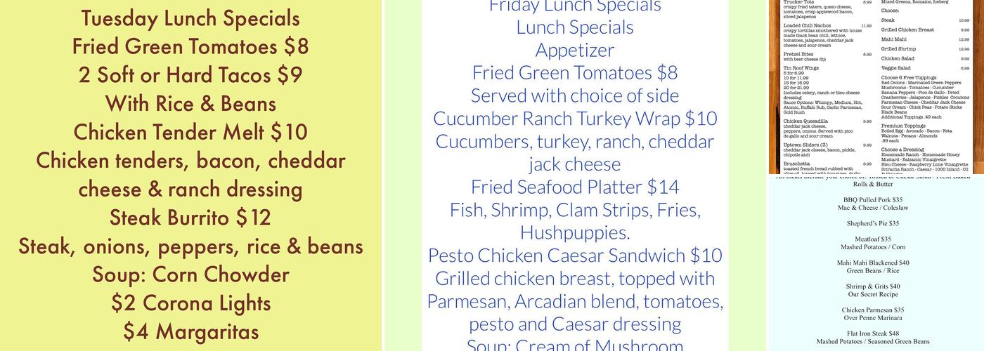 The Tin Roof Bar and Grill Menu