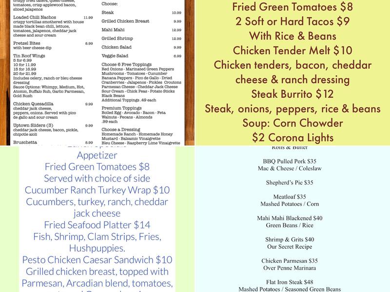 The Tin Roof Bar and Grill Menu