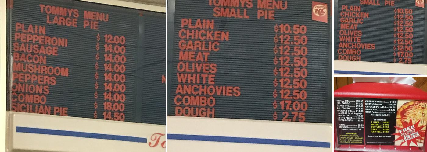 Tommy's Pizza Menu