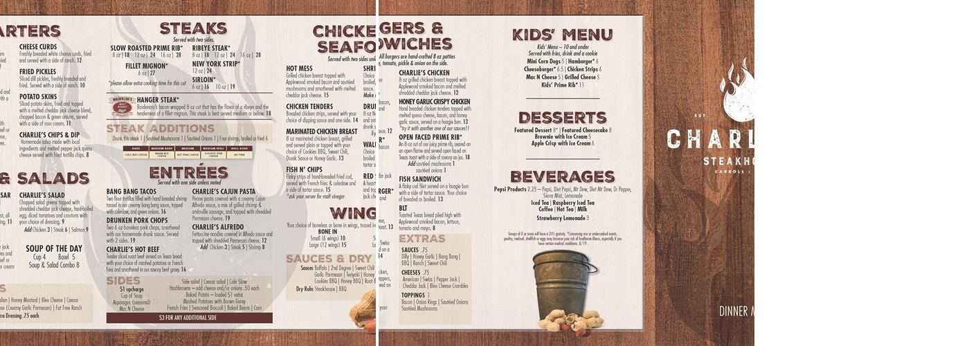 Charlie's Steakhouse Menu