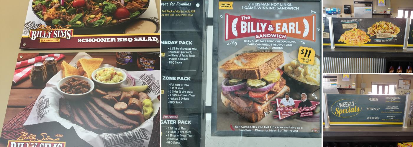 Billy Sims BBQ Menu
