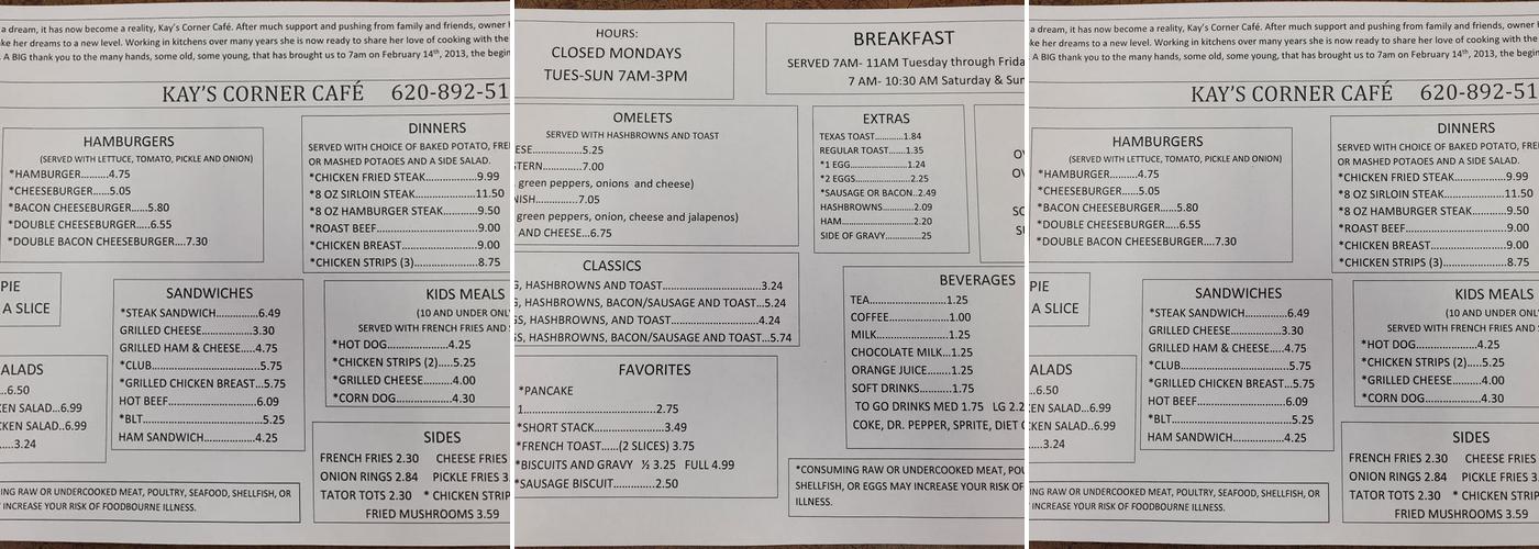 Kay`s Corner Cafe Menu