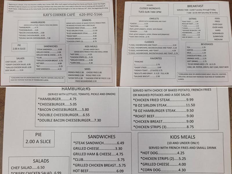Kay`s Corner Cafe Menu