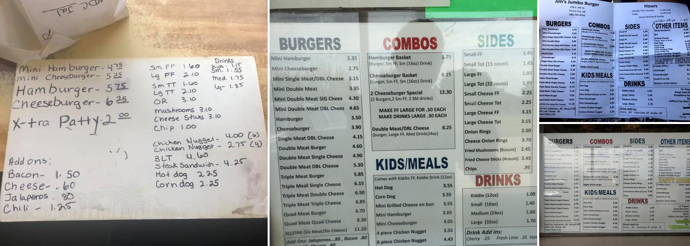 Jim's Jumbo Burger Menu