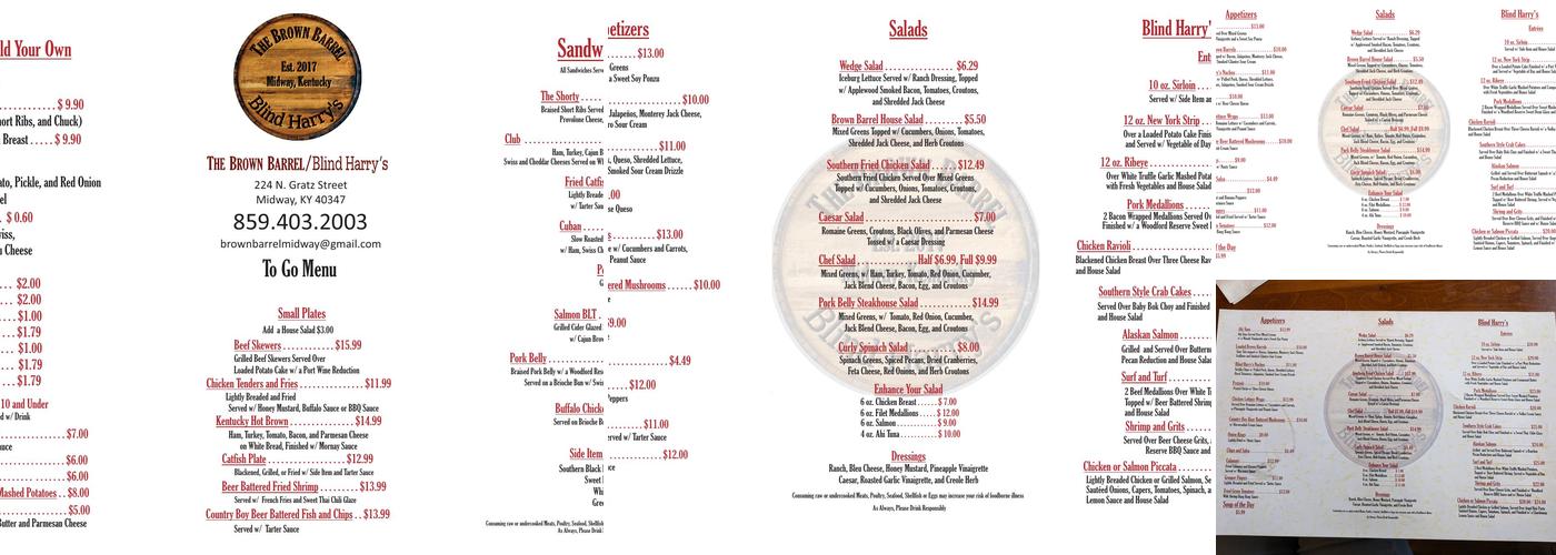 The Brown Barrel & Blind Harry's Menu