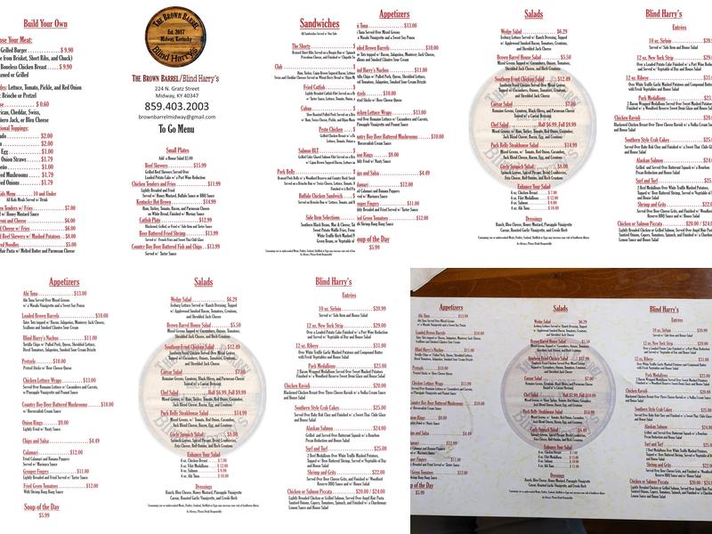 The Brown Barrel & Blind Harry's Menu