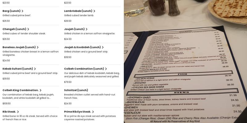 Colbeh Restaurant Menu