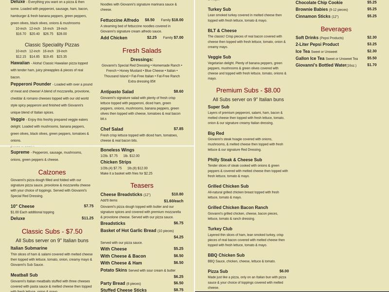 Giovanni's Menu