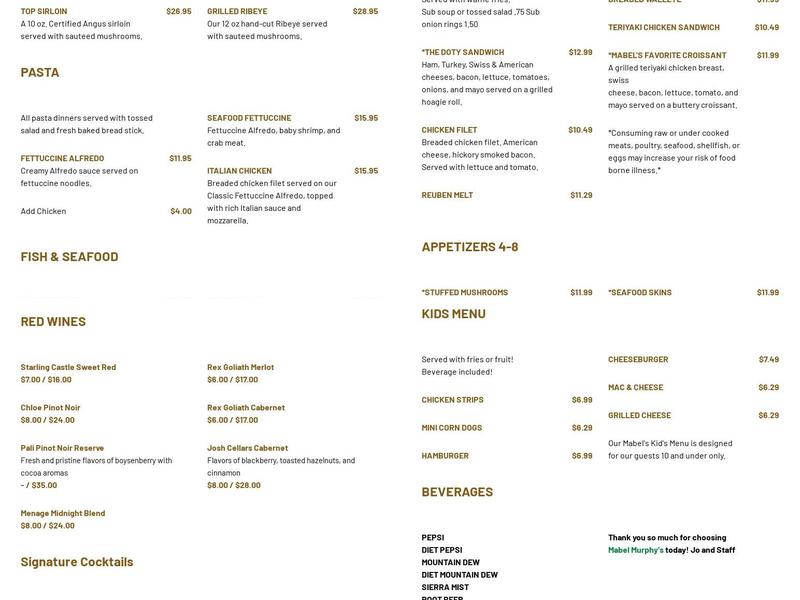 Mabel Murphy's Menu