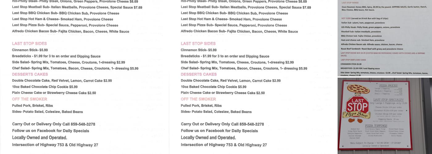 Last Stop Pizza Shop Menu