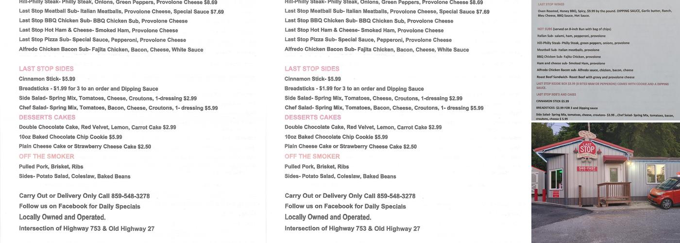 Last Stop Pizza Shop Menu