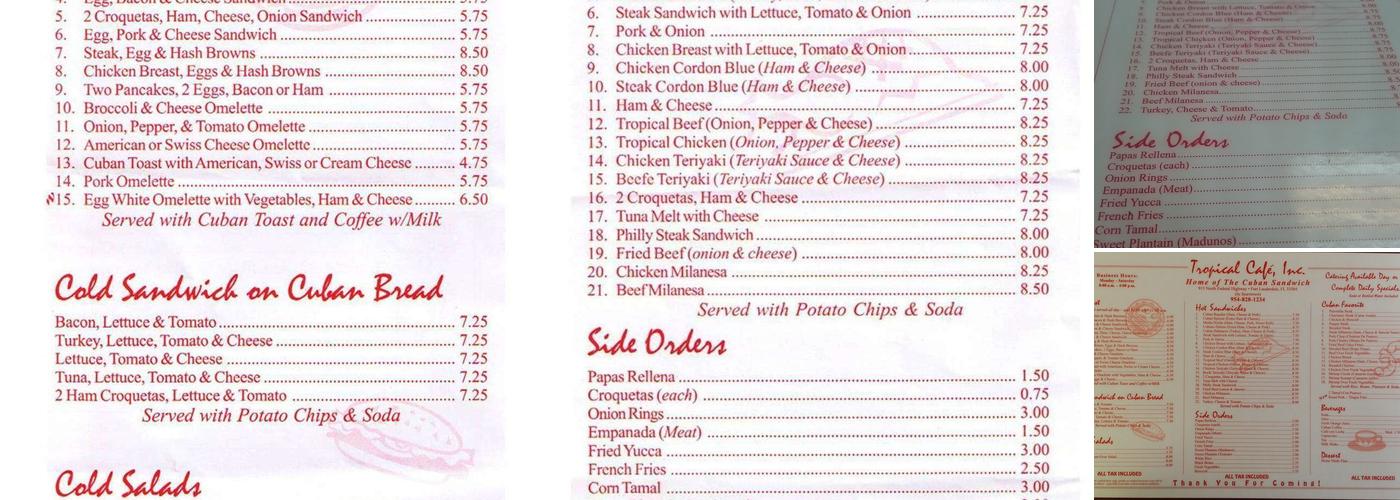 Tropical Cafe Restaurant Menu