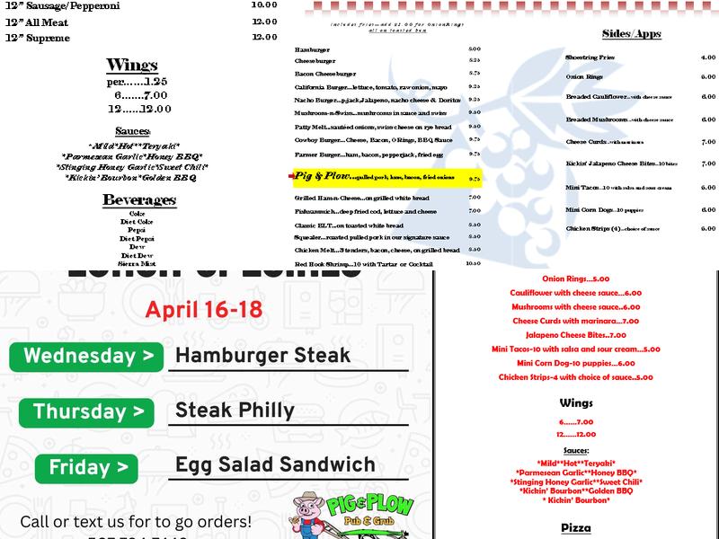 Pig & Plow Pub & Grub Menu
