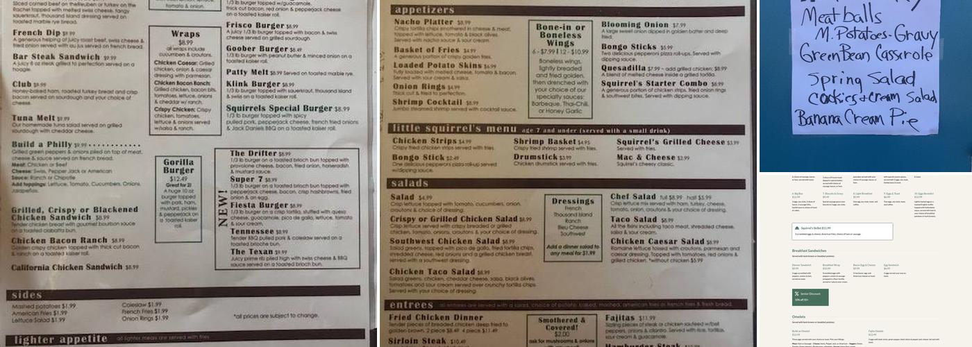 Squirrels Bar & Grill Menu