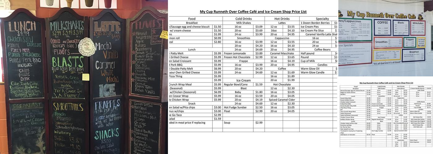 My Cup Runneth Over Coffee & Charcuterie Cafe Menu