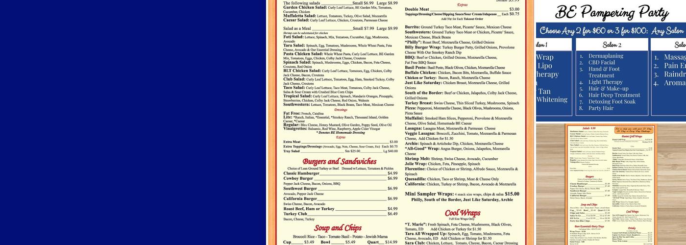 Bare Essentials Cafe Menu