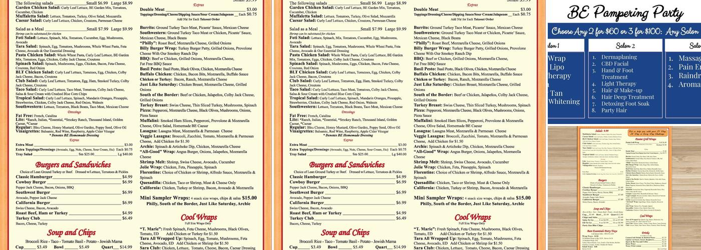 Bare Essentials Cafe Menu