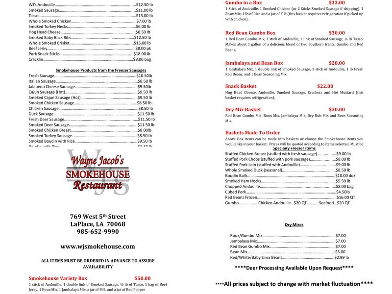 Wayne Jacob's Smokehouse Menu