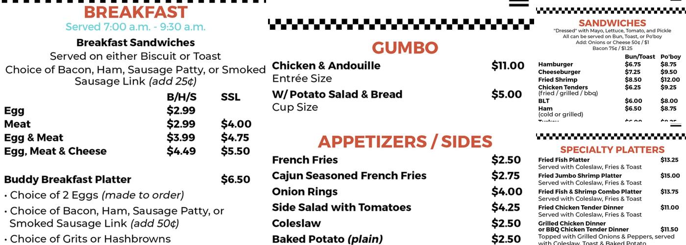 Buddy B's Restaurant Menu