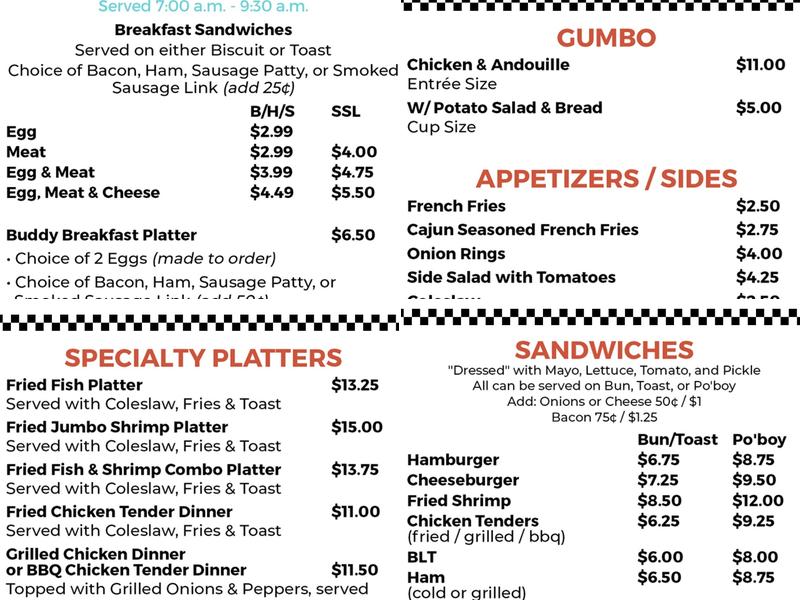 Buddy B's Restaurant Menu
