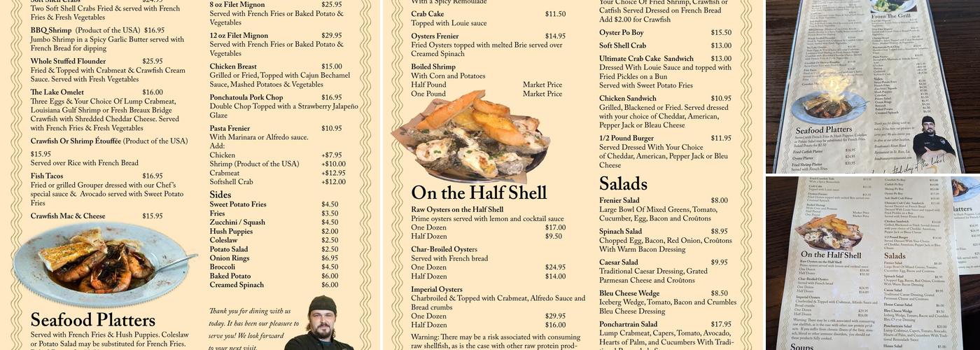 Frenier Landing Restaurant and Oyster Bar Menu