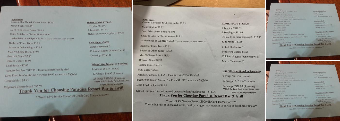 Paradise Resort Bar & Grill Menu