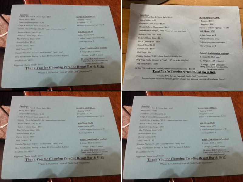 Paradise Resort Bar & Grill Menu