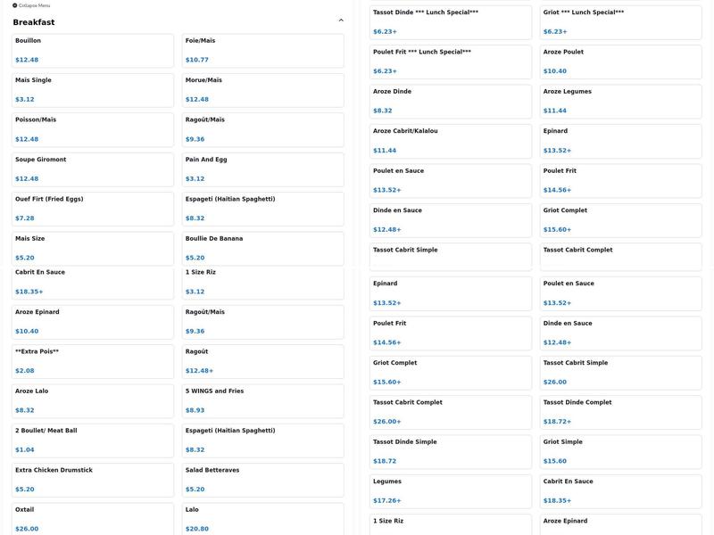 Deluxe Restaurant Menu