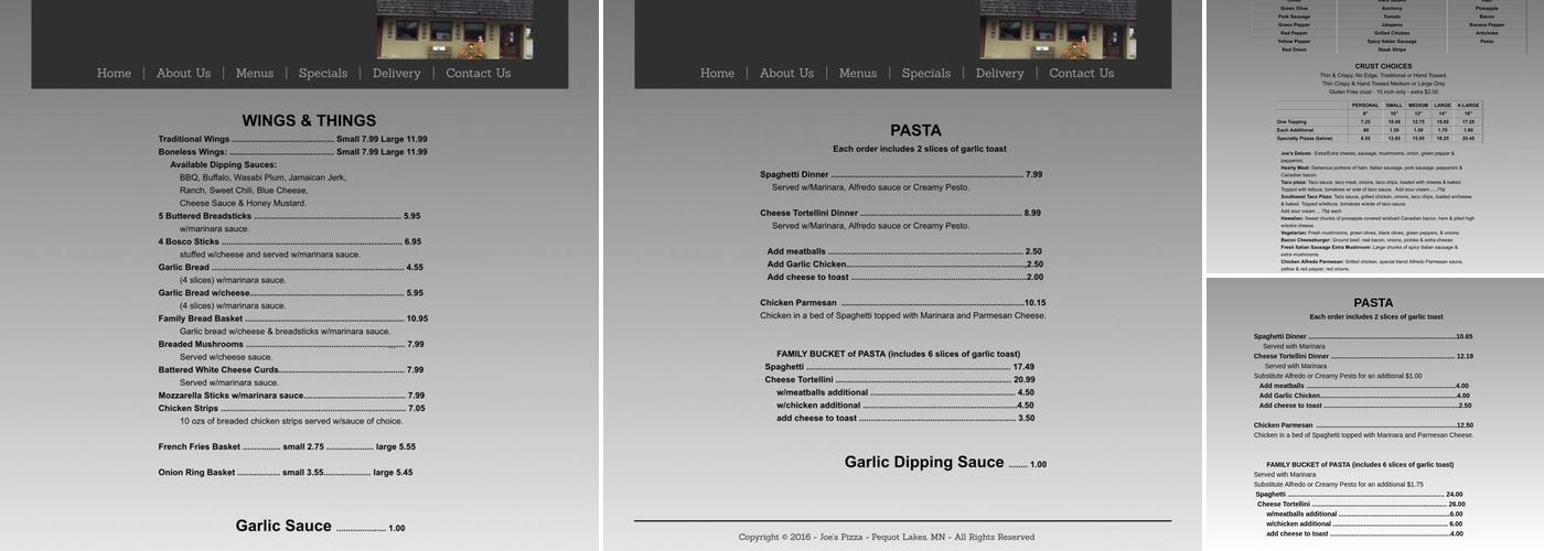 Joe's Pizza Menu
