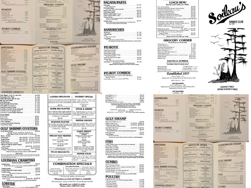 Soileau's Dinner Club Menu