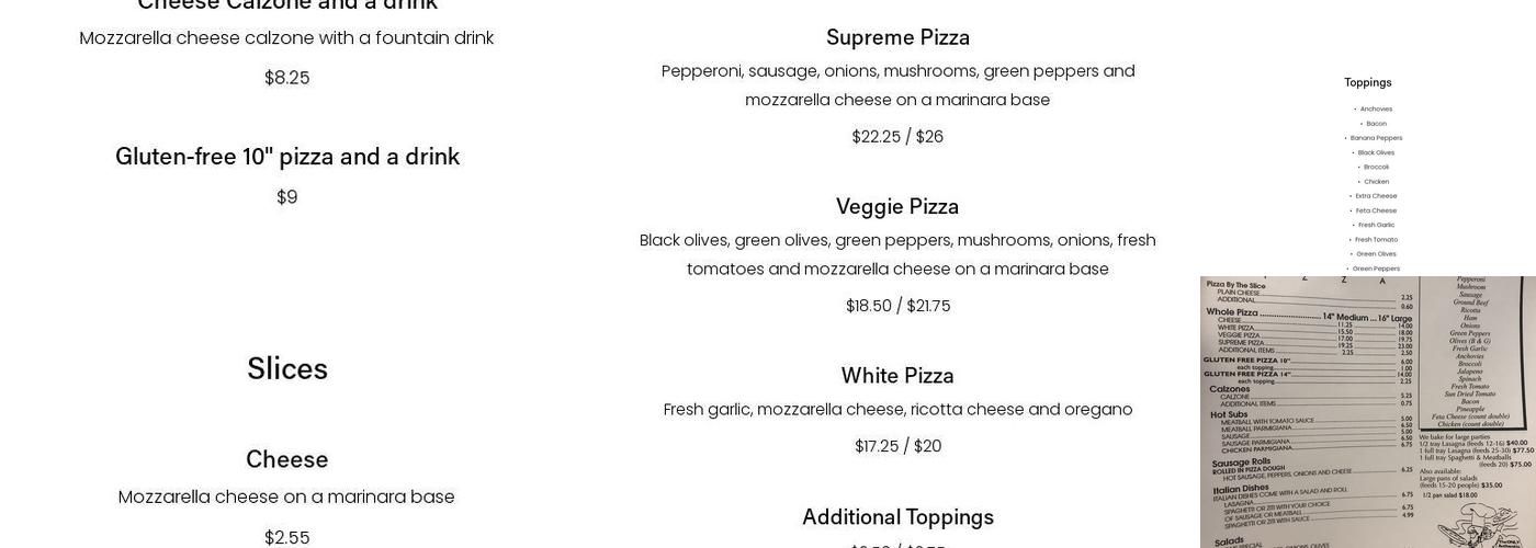 Rosa's Pizza Menu